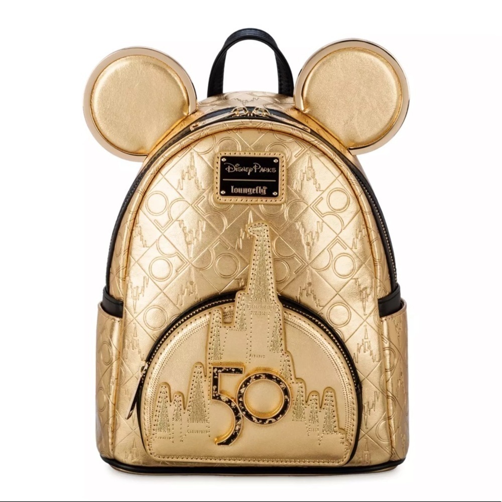 Mickey Mouse Walt Disney World 50th Anniversary Leather Gold Loungefly Backpack